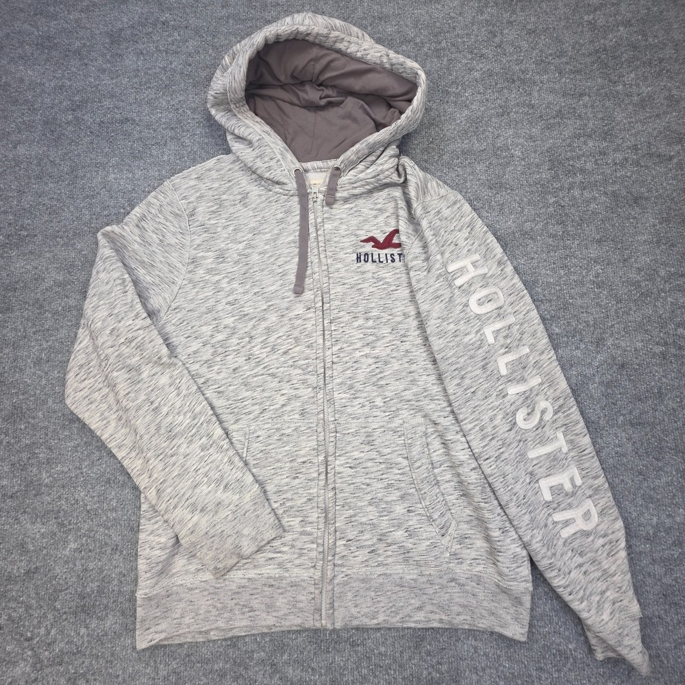 Hollister Sweatshirt Hoodie Mens Size Large Grey Grunge Y2K Fleece Full Zip